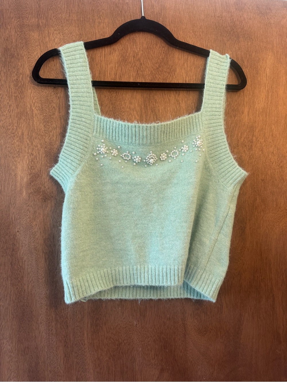 Zara Pearl Embellished Knit Tank Top in Mint Green ✨